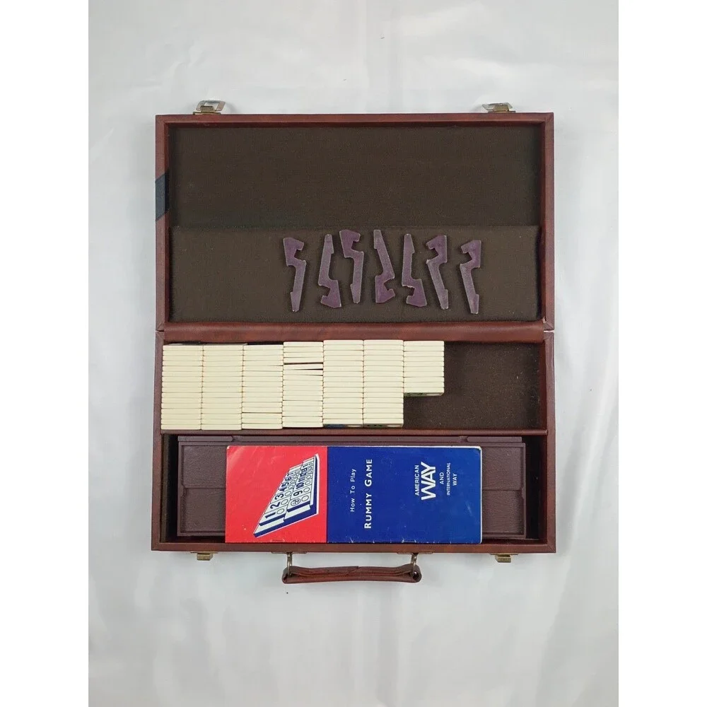Vintage Cardinal Rummy-O Tile Game Faux Leather Case 106 Tiles 4 Racks 7 Legs